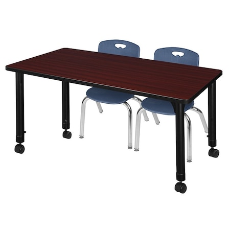 Regency Kee 48 x 24 in. Mobile Adjustable Classroom Table- Mahogany & 2 Andy 12 in. Stack Chairs- Blue MT4824MHAPCBK45NV
